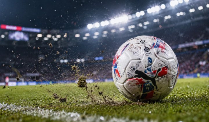 Football ball on a pitch with a stadium in the background and a rain